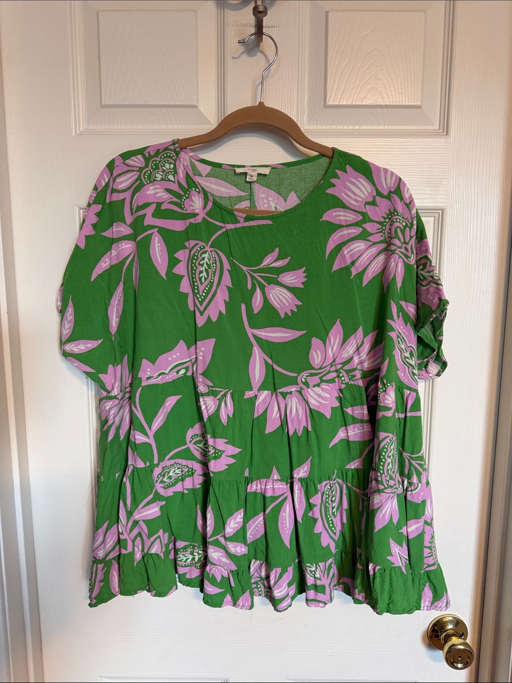 Green Floral Peplum Tunic Top with Pink Print